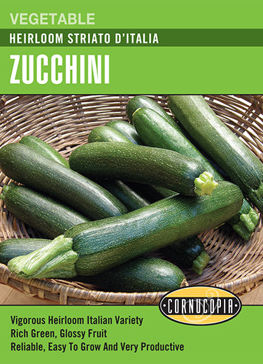Visuel officiel de Cornucopia associé aux semences de Courgette ‘Striato d’Italia’, référence CS332. Cette référence propose la variété de courgette Striato d’Italia. Elle se cultive pendant la saison chaude et se récolte au stade jeune pour les préparations culinaires. Cette image accompagne la fiche de cette sélection et permet de repérer le produit correspondant dans le catalogue de semences.