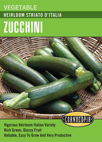 Visuel officiel de Cornucopia associé aux semences de Courgette ‘Striato d’Italia’, référence CS332. Cette référence propose la variété de courgette Striato d’Italia. Elle se cultive pendant la saison chaude et se récolte au stade jeune pour les préparations culinaires. Cette image accompagne la fiche de cette sélection et permet de repérer le produit correspondant dans le catalogue de semences.