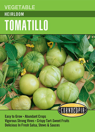 Visuel officiel de Cornucopia associé aux semences de Tomatillo, référence CS338. Cette référence propose des semences de tomatillo. Les fruits entourés d’une enveloppe papyracée se récoltent pour les préparations culinaires, notamment les sauces. Cette image accompagne la fiche de cette sélection et permet de repérer le produit correspondant dans le catalogue de semences.