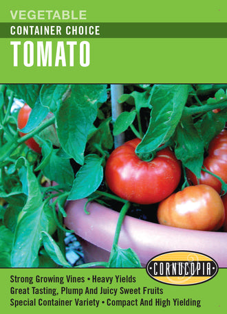 Visuel officiel de Cornucopia associé aux semences de Tomate ‘Container Choice’, référence CS340. Cette référence propose la variété de tomate Container Choice. Elle permet d’envisager la culture en contenant, avec un volume de terre suffisant, un bon drainage et un suivi régulier de l’arrosage. Cette image accompagne la fiche de cette sélection et permet de repérer le produit correspondant dans le catalogue de semences.