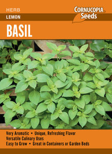 Visuel officiel de Cornucopia associé aux semences de Basilic citron, référence CS360. Les feuilles étroites dégagent un parfum citronné. Elles accompagnent les légumes d’été, le poulet, le poisson, les pâtes et les vinaigrettes. Ce basilic permet de varier les arômes récoltés au jardin. Cette image accompagne la fiche de cette sélection et permet de repérer le produit correspondant dans le catalogue de semences.