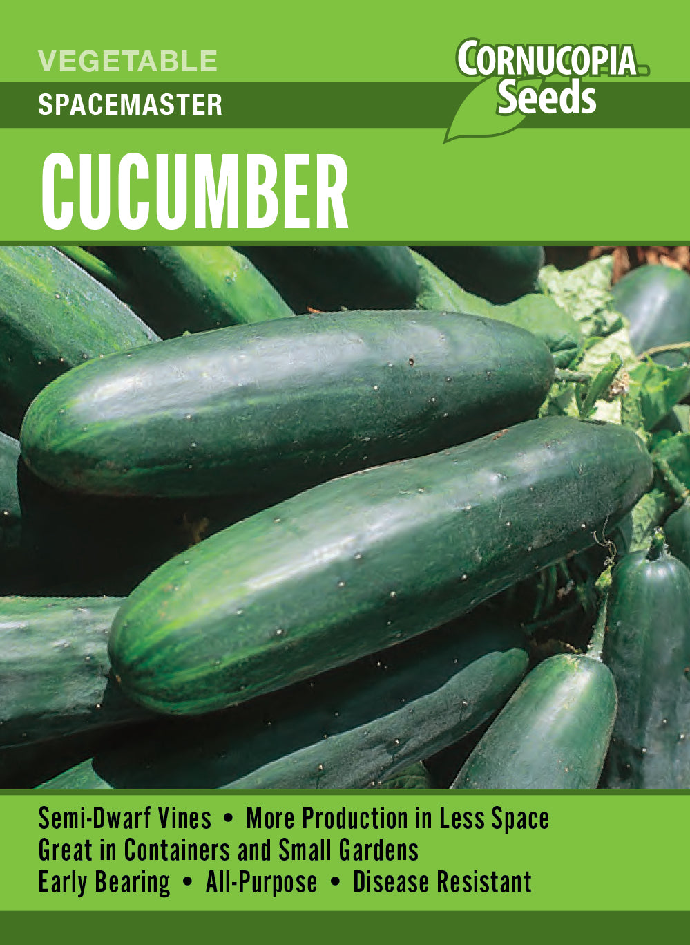 Visuel officiel de Cornucopia associé aux semences de Concombre ‘Space Master’, référence CS365. Les tiges courtes atteignent environ 60 à 90 cm (2 à 3 pi), ce qui limite l’espace occupé. Les fruits conviennent aux marinades et aux salades. La récolte de fruits d’environ 19 cm (7½ po) est annoncée autour de 56 à 60 jours.