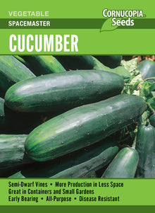 Visuel officiel de Cornucopia associé aux semences de Concombre ‘Space Master’, référence CS365. Les tiges courtes atteignent environ 60 à 90 cm (2 à 3 pi), ce qui limite l’espace occupé. Les fruits conviennent aux marinades et aux salades. La récolte de fruits d’environ 19 cm (7½ po) est annoncée autour de 56 à 60 jours.