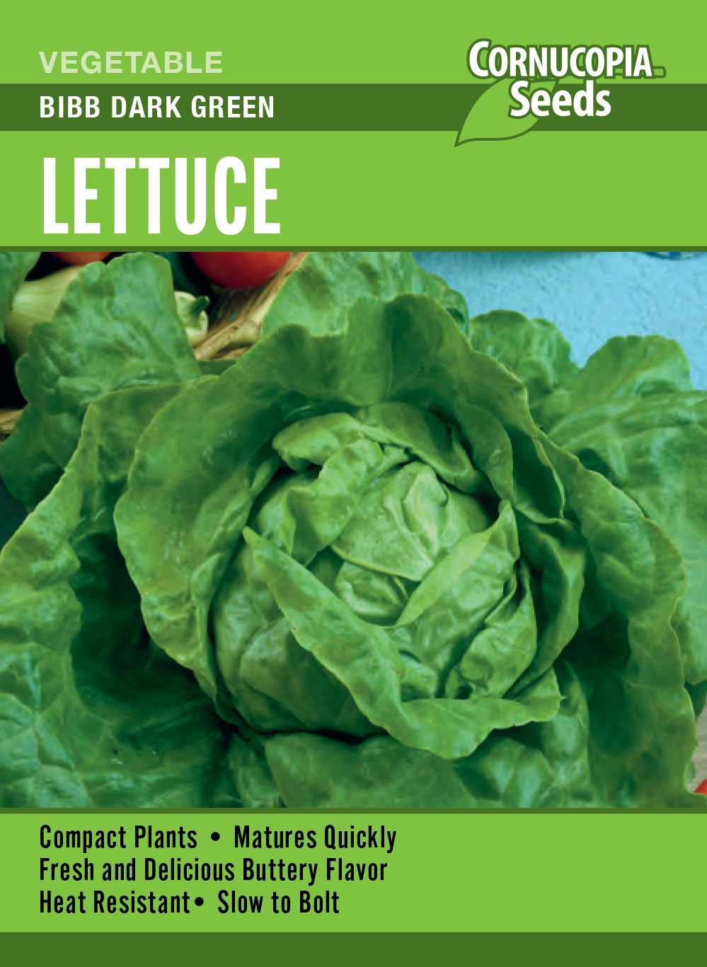Visuel officiel de Cornucopia associé aux semences de Laitue ‘Bibb Dark Green’, référence CS366. Les petites pommes de type beurre atteignent environ 9 cm (3½ po) de largeur. Les feuilles extérieures vert foncé entourent un cœur jaune crème. Leur texture croquante et leur saveur douce conviennent aux salades individuelles. Cette image accompagne la fiche de cette sélection et permet de repérer le produit correspondant dans le catalogue de semences.