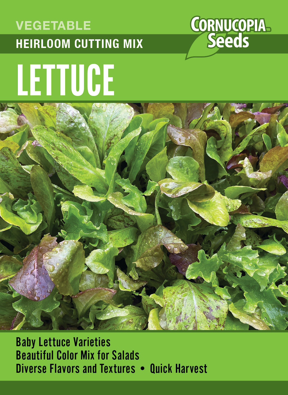 Visuel officiel de Cornucopia associé aux semences de Laitue Heirloom Cutting Mix, référence CS367. Ce mélange réunit à parts égales Baby Oakleaf, Bronze Beauty, Buttercrunch, Crisp Mint, Freckles, Ice Queen, Outredgeous et Tango. Il permet de récolter des jeunes pousses ou des feuilles plus développées. Cette image accompagne la fiche de cette sélection et permet de repérer le produit correspondant dans le catalogue de semences.
