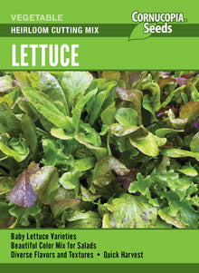 Visuel officiel de Cornucopia associé aux semences de Laitue Heirloom Cutting Mix, référence CS367. Ce mélange réunit à parts égales Baby Oakleaf, Bronze Beauty, Buttercrunch, Crisp Mint, Freckles, Ice Queen, Outredgeous et Tango. Il permet de récolter des jeunes pousses ou des feuilles plus développées. Cette image accompagne la fiche de cette sélection et permet de repérer le produit correspondant dans le catalogue de semences.