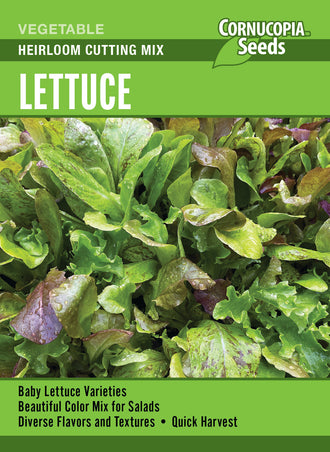 Visuel officiel de Cornucopia associé aux semences de Laitue Heirloom Cutting Mix, référence CS367. Ce mélange réunit à parts égales Baby Oakleaf, Bronze Beauty, Buttercrunch, Crisp Mint, Freckles, Ice Queen, Outredgeous et Tango. Il permet de récolter des jeunes pousses ou des feuilles plus développées. Cette image accompagne la fiche de cette sélection et permet de repérer le produit correspondant dans le catalogue de semences.