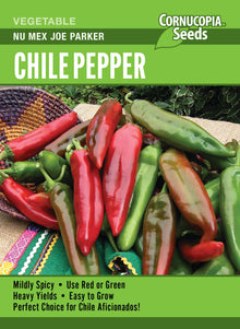 Visuel officiel de Cornucopia associé aux semences de Piment ‘Nu Mex Joe Parker’, référence CS369. Les fruits droits atteignent environ 15 à 18 cm (6 à 7 po) et possèdent une force piquante modérée. Ils se récoltent verts ou rouges pour les salsas, les grillades et les sautés. La maturité annoncée est de 70 à 80 jours après repiquage.