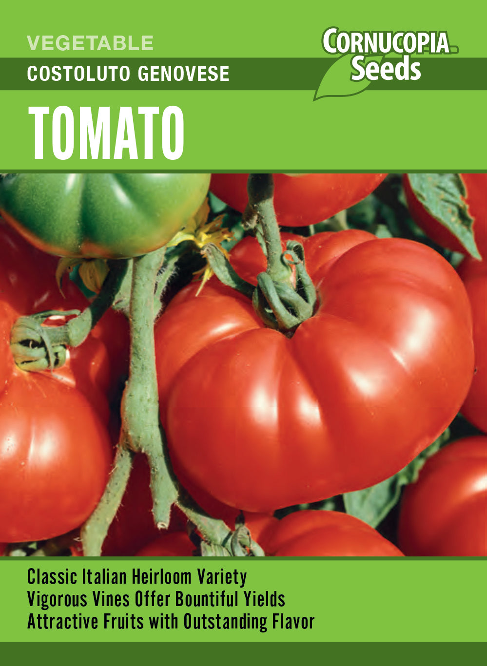 Visuel officiel de Cornucopia associé aux semences de Tomate ‘Costoluto Genovese’, référence CS371. Les fruits charnus présentent des côtes marquées qui dessinent des tranches festonnées. Cette variété italienne possède des tiges indéterminées vigoureuses. Les fruits peuvent être servis en tranches avec de l’huile et des herbes fraîches. Cette image accompagne la fiche de cette sélection et permet de repérer le produit correspondant dans le catalogue de semences.