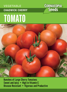 Visuel officiel de Cornucopia associé aux semences de Tomate cerise ‘Chadwick’s Choice’, référence CS373. Les tiges grimpantes produisent des tomates cerises juteuses d’environ 28 g (1 oz). Cette variété ancienne possède une saveur douce et soutenue. Le semencier annonce environ 75 jours après le repiquage. Cette image accompagne la fiche de cette sélection et permet de repérer le produit correspondant dans le catalogue de semences.