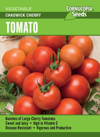 Visuel officiel de Cornucopia associé aux semences de Tomate cerise ‘Chadwick’s Choice’, référence CS373. Les tiges grimpantes produisent des tomates cerises juteuses d’environ 28 g (1 oz). Cette variété ancienne possède une saveur douce et soutenue. Le semencier annonce environ 75 jours après le repiquage. Cette image accompagne la fiche de cette sélection et permet de repérer le produit correspondant dans le catalogue de semences.