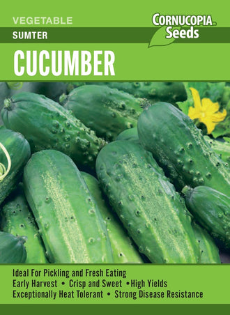 Visuel officiel de Cornucopia associé aux semences de Concombre ‘Sumpter’, référence CS386. Cette variété se cultive dans un sol fertile et régulièrement humide. Le semencier recommande de conduire les tiges sur un support pour faciliter la récolte. Les cueillettes fréquentes accompagnent la production de nouveaux fruits. Cette image accompagne la fiche de cette sélection et permet de repérer le produit correspondant dans le catalogue de semences.
