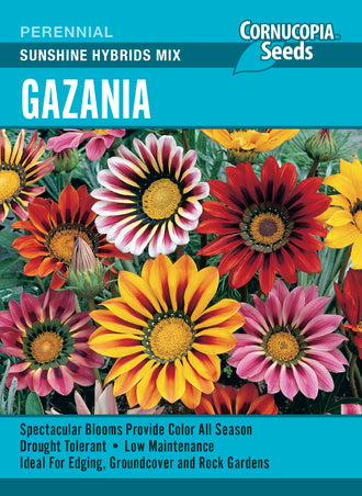 Visuel officiel de Cornucopia associé aux semences de Gazania Sunshine Hybrids, référence CS391. Ce mélange hybride peut être commencé à l’intérieur avant son installation au jardin. Le semencier recommande une terre légère et bien drainée. Un arrosage suivi aide les jeunes plants à s’établir. Cette image accompagne la fiche de cette sélection et permet de repérer le produit correspondant dans le catalogue de semences.