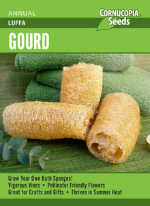Visuel officiel de Cornucopia associé aux semences de Luffa, référence CS395. Les fruits peuvent être récoltés très jeunes pour la cuisine ou laissés à maturité pour obtenir des éponges végétales. Après maturation et séchage, la peau et les graines sont retirées. Un support solide facilite la culture de cette plante grimpante.
