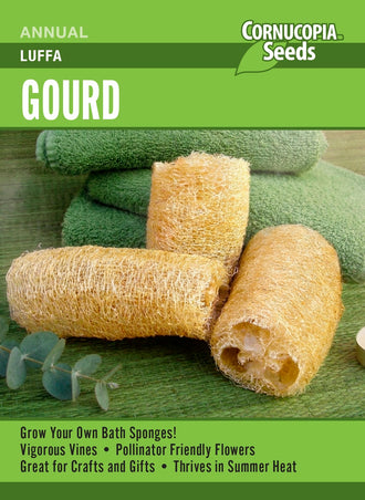 Visuel officiel de Cornucopia associé aux semences de Luffa, référence CS395. Les fruits peuvent être récoltés très jeunes pour la cuisine ou laissés à maturité pour obtenir des éponges végétales. Après maturation et séchage, la peau et les graines sont retirées. Un support solide facilite la culture de cette plante grimpante.