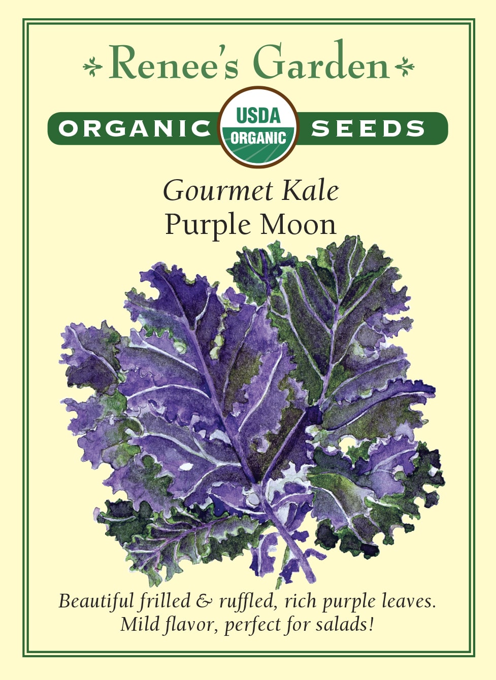 Visuel officiel de Renee's Garden pour les semences « Chou frisé ‘Purple Moon’ », référence RN3992. Cette référence biologique produit des feuilles pourpre foncé, frisées et ondulées. Le semencier décrit une croissance vigoureuse et une période de récolte prolongée. La saveur est douce, avec une note rappelant la noisette. La couleur du feuillage permet de varier l’apparence d’une planche de choux-feuilles et celle des récoltes destinées aux salades ou aux cuissons rapides.