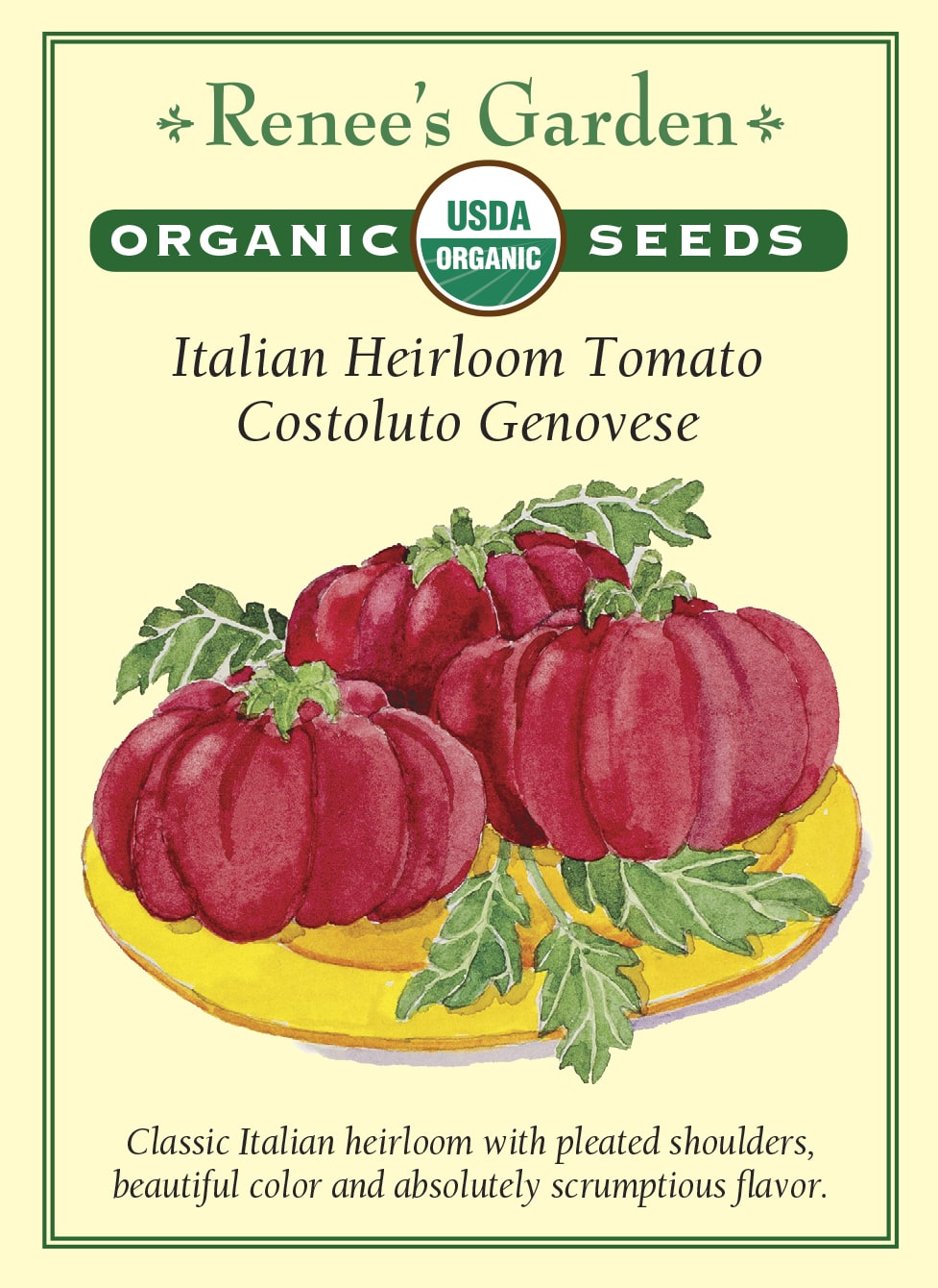 Visuel officiel de Renee's Garden pour les semences « Tomate ‘Costoluto Genovese’ », référence RN3993. Cette référence biologique italienne porte des tomates rouges, charnues et côtelées près du pédoncule. Le semencier décrit une chair tendre et juteuse. Les plants indéterminés sont hauts et vigoureux. Les fruits se récoltent lorsqu’ils ont développé leur couleur et leur texture, pour une utilisation fraîche ou en cuisine.