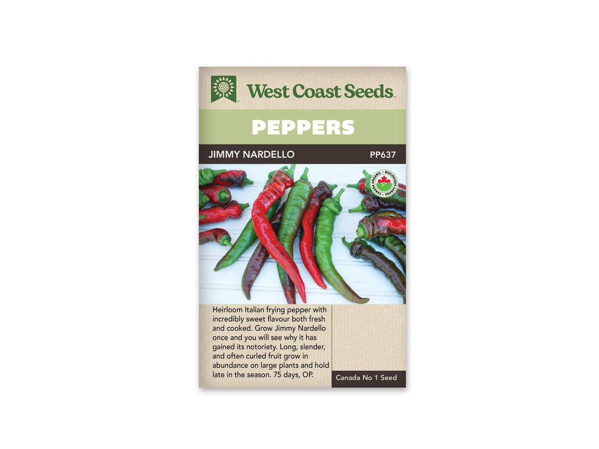 Sachet West Coast Seeds de poivron Jimmy Nardello avec bandeau vert et marque biologique ronde près de la photo. Plusieurs fruits longs et fins reposent sur un fond clair. Les poivrons rouges du centre sont légèrement courbés, avec des fruits verts autour. Leurs pédoncules sont visibles. Un texte descriptif occupe la partie beige inférieure.