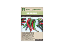 Sachet West Coast Seeds de poivron Jimmy Nardello avec bandeau vert et marque biologique ronde près de la photo. Plusieurs fruits longs et fins reposent sur un fond clair. Les poivrons rouges du centre sont légèrement courbés, avec des fruits verts autour. Leurs pédoncules sont visibles. Un texte descriptif occupe la partie beige inférieure.