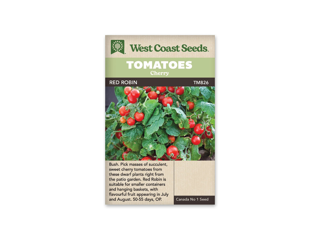 Sachet West Coast Seeds portant les noms Tomatoes, Cherry et Red Robin. La photo montre de petites tomates rouges réunies en bouquets parmi de larges feuilles vertes. Le nom de la variété apparaît sur une bande foncée au-dessus de l’image. Le logo de la marque est placé en haut du sachet, sur fond clair.
