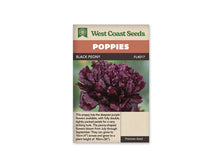 Sachet Black Peony de West Coast Seeds sur fond blanc. La photo montre une grosse fleur très double, aux pétales serrés de couleur pourpre sombre et bordeaux. Les plis créent des zones presque noires au cœur du pompon. Le fond vert est flou. Le bandeau orange indique Poppies et la bande brune Black Peony, code FL4017.