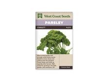 Sachet de persil Starlett West Coast Seeds présenté de face sur fond blanc. La photographie montre une botte de feuilles vert foncé très frisées, réunies au-dessus de longues tiges vertes. Le bandeau mauve porte PARSLEY, et STARLETT apparaît sur la bande foncée. Une description en anglais occupe la partie beige sous l’image.