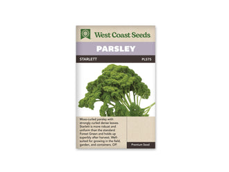 Sachet de persil Starlett West Coast Seeds présenté de face sur fond blanc. La photographie montre une botte de feuilles vert foncé très frisées, réunies au-dessus de longues tiges vertes. Le bandeau mauve porte PARSLEY, et STARLETT apparaît sur la bande foncée. Une description en anglais occupe la partie beige sous l’image.
