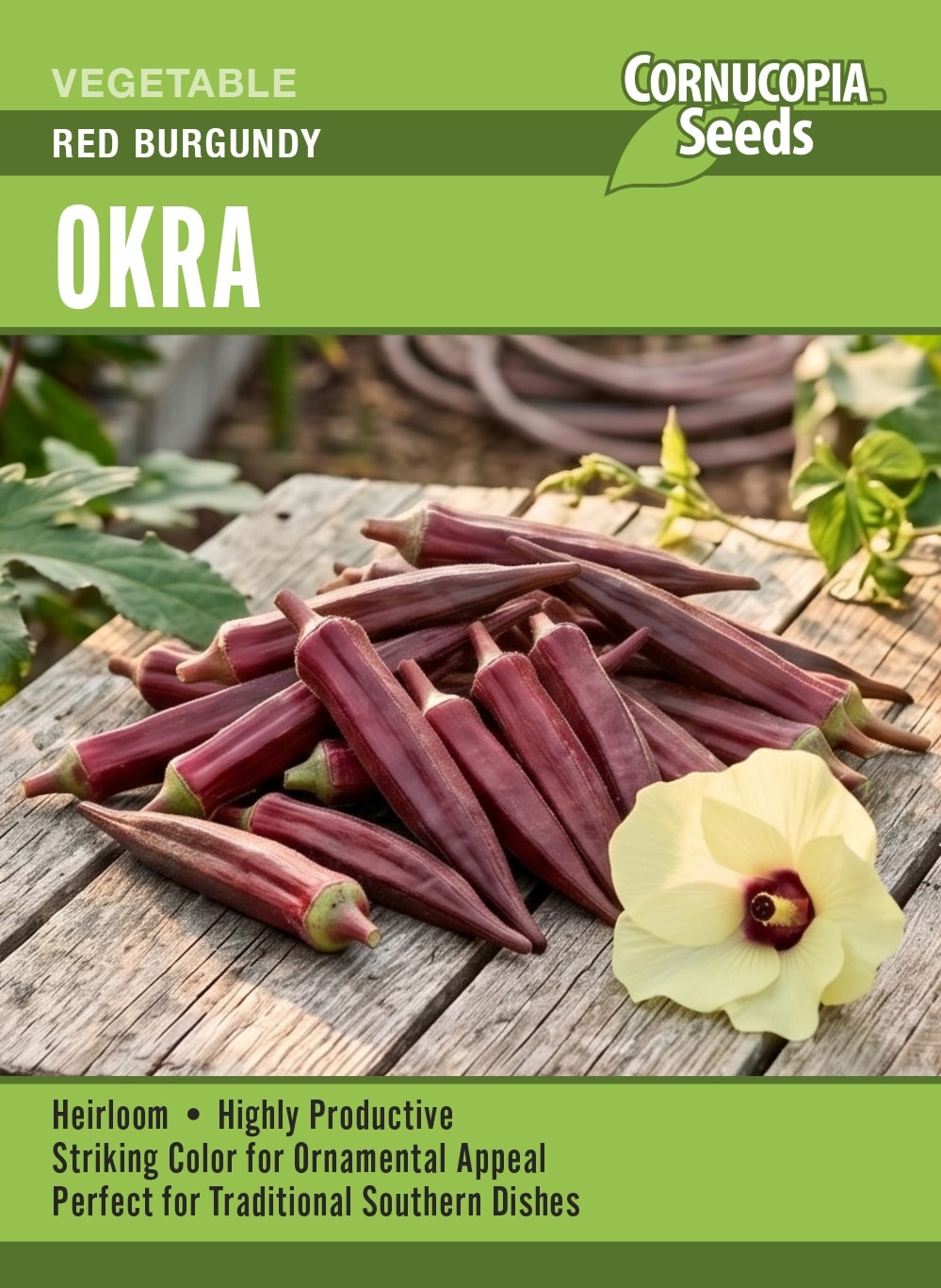 Visuel officiel de Cornucopia associé aux semences de Gombo ‘Red Burgundy’, référence CS404. Le semencier recommande de commencer cette culture à l’intérieur et de maintenir les jeunes plants au chaud. Les gousses se cueillent régulièrement, autour de 10 à 15 cm (4 à 6 po), pour accompagner la production. Cette image accompagne la fiche de cette sélection et permet de repérer le produit correspondant dans le catalogue de semences.