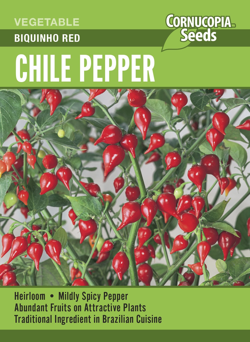 Visuel officiel de Cornucopia associé aux semences de Piment ‘Biquinho’, référence CS406. Les fruits se récoltent rouges à maturité. Le semencier recommande un démarrage à l’intérieur, au chaud, puis une acclimatation progressive avant la plantation. La culture demande un sol fertile et drainé ainsi qu’un emplacement ensoleillé. Cette image accompagne la fiche de cette sélection et permet de repérer le produit correspondant dans le catalogue de semences.