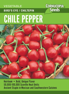 Visuel officiel de Cornucopia associé aux semences de Piment ‘Bird’s Eye’, référence CS407. Cette sélection de piment se cultive pendant la saison chaude. Les fruits se récoltent lorsqu’ils deviennent rouges. Un démarrage à l’intérieur permet de préparer des plants bien développés avant leur installation au potager. Cette image accompagne la fiche de cette sélection et permet de repérer le produit correspondant dans le catalogue de semences.