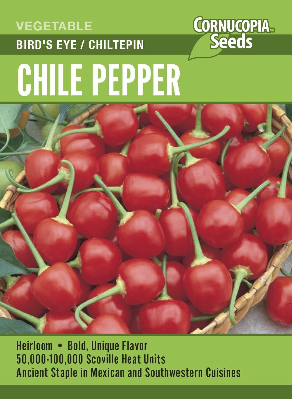 Visuel officiel de Cornucopia associé aux semences de Piment ‘Bird’s Eye’, référence CS407. Cette sélection de piment se cultive pendant la saison chaude. Les fruits se récoltent lorsqu’ils deviennent rouges. Un démarrage à l’intérieur permet de préparer des plants bien développés avant leur installation au potager. Cette image accompagne la fiche de cette sélection et permet de repérer le produit correspondant dans le catalogue de semences.