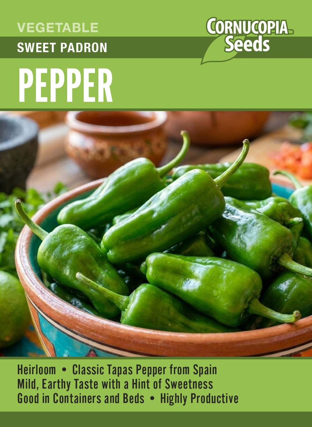 Visuel officiel de Cornucopia associé aux semences de Piment ‘Padron’, référence CS409. Cette sélection de piment est destinée à la culture pendant la saison chaude. Les fruits peuvent atteindre une coloration rouge à maturité. Les jeunes plants demandent de la chaleur et une bonne lumière avant leur installation au jardin.