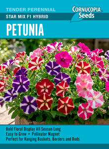 Visuel officiel de Cornucopia associé aux semences de Pétunia Star Mix, référence CS410. Ce mélange hybride peut être commencé à l’intérieur puis repiqué en contenant ou en pleine terre. Le pincement des jeunes plants favorise la ramification. Le semencier recommande un sol fertile et bien drainé au soleil. Cette image accompagne la fiche de cette sélection et permet de repérer le produit correspondant dans le catalogue de semences.