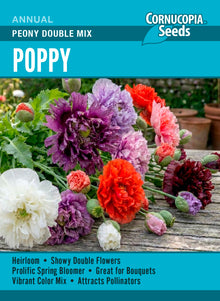 Visuel officiel de Cornucopia associé aux semences de Pavot double Peony Double Mix, référence CS411. Ce mélange de pavots doubles se sème directement en place pendant la fraîcheur printanière. Le semencier recommande de maintenir le semis humide et d’éclaircir les jeunes plants. Les plantes peuvent se ressemer. Cette image accompagne la fiche de cette sélection et permet de repérer le produit correspondant dans le catalogue de semences.