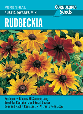 Visuel officiel de Cornucopia associé aux semences de Rudbeckie Rustic Dwarfs, référence CS412. Ce mélange peut être commencé à l’intérieur avant son installation au jardin. Les jeunes plants demandent une bonne lumière et une humidité régulière. Le semencier recommande un sol fertile et drainé au soleil. Cette image accompagne la fiche de cette sélection et permet de repérer le produit correspondant dans le catalogue de semences.