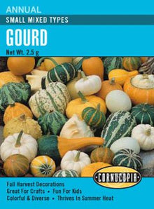 Visuel officiel de Cornucopia associé aux semences de Mélange de petites courges décoratives, référence CS233. Ce mélange est destiné à la production de petites courges d’ornement. Les fruits récoltés à maturité permettent de préparer des décors saisonniers avec des formes variées. Cette image accompagne la fiche de cette sélection et permet de repérer le produit correspondant dans le catalogue de semences.