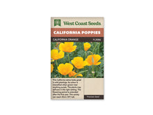 Sachet California Orange de West Coast Seeds sur fond blanc. La photo montre des fleurs simples orange doré en coupe, avec des étamines jaunes visibles au centre. Des boutons pointus et de longues capsules vertes se dressent parmi le feuillage découpé. Le bandeau orange indique California Poppies et la bande brune porte California Orange, code FL3086.