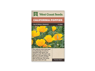 Sachet California Orange de West Coast Seeds sur fond blanc. La photo montre des fleurs simples orange doré en coupe, avec des étamines jaunes visibles au centre. Des boutons pointus et de longues capsules vertes se dressent parmi le feuillage découpé. Le bandeau orange indique California Poppies et la bande brune porte California Orange, code FL3086.