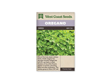 Sachet d’origan grec West Coast Seeds présenté de face sur fond blanc. La photographie montre un feuillage vert dense, avec de petites feuilles ovales rapprochées sur des tiges fines. Le bandeau mauve porte le mot OREGANO, et GREEK apparaît sur la bande foncée. Une description en anglais occupe la partie beige inférieure du sachet.