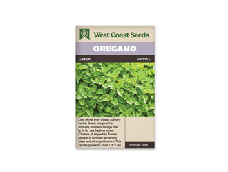 Sachet d’origan grec West Coast Seeds présenté de face sur fond blanc. La photographie montre un feuillage vert dense, avec de petites feuilles ovales rapprochées sur des tiges fines. Le bandeau mauve porte le mot OREGANO, et GREEK apparaît sur la bande foncée. Une description en anglais occupe la partie beige inférieure du sachet.