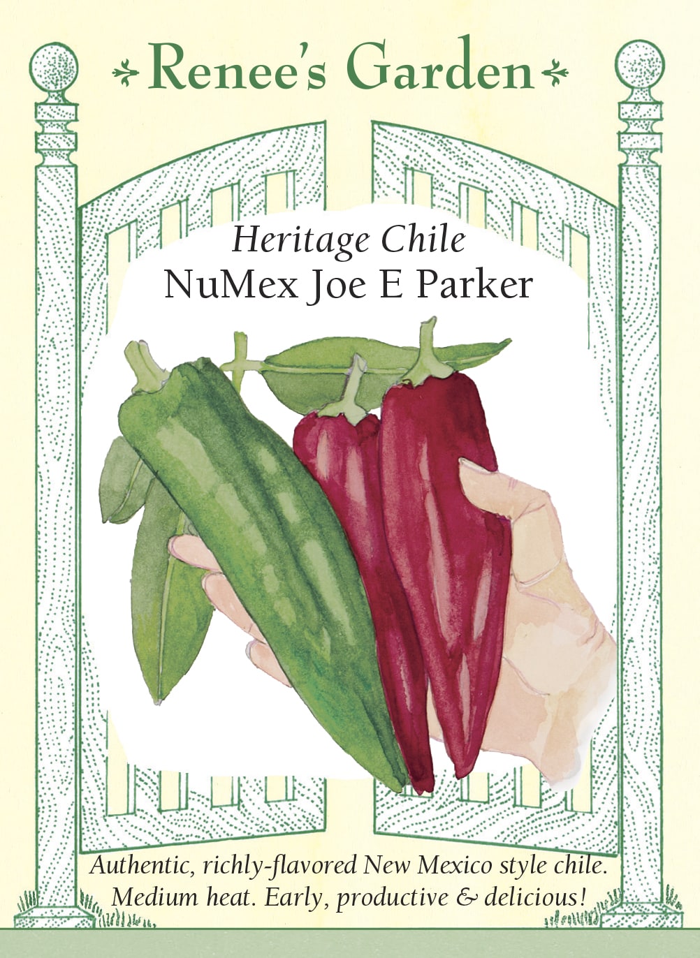 Visuel officiel de Renee's Garden pour les semences « Piment ‘NuMex Joe E. Parker’ », référence RN5028. Ce piment de type Nouveau-Mexique porte des fruits droits et charnus, longs d’environ 15 à 18 cm (6 à 7 po). Le semencier décrit une force modérée et un feuillage dense qui protège les fruits. Ils peuvent être récoltés verts ou rouges pour les sauces, les plats grillés et les préparations de piments.