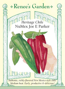 Visuel officiel de Renee's Garden pour les semences « Piment ‘NuMex Joe E. Parker’ », référence RN5028. Ce piment de type Nouveau-Mexique porte des fruits droits et charnus, longs d’environ 15 à 18 cm (6 à 7 po). Le semencier décrit une force modérée et un feuillage dense qui protège les fruits. Ils peuvent être récoltés verts ou rouges pour les sauces, les plats grillés et les préparations de piments.