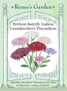 Visuel officiel de Renee's Garden associé aux semences de Scabieuses en mélange Grandmother’s Pincushion, référence RN5038. Les fleurs aux centres frangés mesurent environ 5 à 8 cm (2 à 3 po). Le mélange comprend du cramoisi, du pourpre, du saumon, du rose, du lilas et du blanc. Les longues tiges conviennent aux bouquets et les fleurs attirent les papillons.