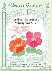 Visuel officiel de Renee's Garden associé aux semences de Capucines en mélange Whirlybird, référence RN5042. Les fleurs semi-doubles tournées vers le haut mesurent environ 6 cm (2½ po). Le mélange comprend des tons de rose cerise, de crème, de pêche, d’orange, d’acajou, de rouge et d’or. Les feuilles arrondies et les fleurs sont comestibles.