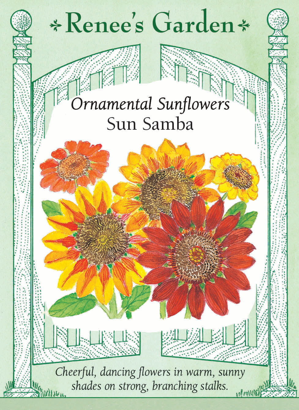 Visuel officiel de Renee's Garden associé aux semences de Tournesols en mélange Sun Samba, référence RN5050. Ce mélange associe des fleurs simples, doubles, annelées et bicolores dans des tons jaunes, dorés, citron, acajou, bronze et orange doré. Les plantes ramifiées offrent plusieurs tiges à couper. Le mélange comprend notamment les sélections Monet’s Palette et Royal Flush Bicolor.
