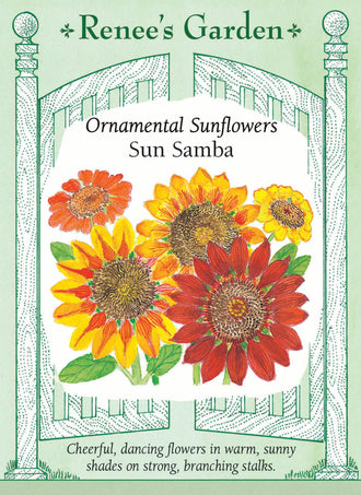 Visuel officiel de Renee's Garden associé aux semences de Tournesols en mélange Sun Samba, référence RN5050. Ce mélange associe des fleurs simples, doubles, annelées et bicolores dans des tons jaunes, dorés, citron, acajou, bronze et orange doré. Les plantes ramifiées offrent plusieurs tiges à couper. Le mélange comprend notamment les sélections Monet’s Palette et Royal Flush Bicolor.