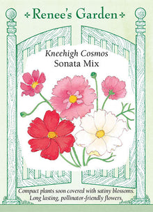 Visuel officiel de Renee's Garden associé aux semences de Cosmos en mélange Sonata, référence RN5055. Ce mélange présente des fleurs magenta, blanches et roses sur des plants d’environ 75 à 90 cm (2,5 à 3 pi). Les corolles mesurent autour de 5 cm (2 po) et possèdent un centre jaune. Le semencier le propose pour les contenants, les bordures et la coupe.