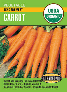 Visuel officiel de Cornucopia associé aux semences de Carotte ‘Tendersweet’, référence CS505. Cette référence propose la variété de carotte Tendersweet. Elle est destinée à la récolte de racines potagères et se sème directement dans une terre ameublie. Cette image accompagne la fiche de cette sélection et permet de repérer le produit correspondant dans le catalogue de semences.