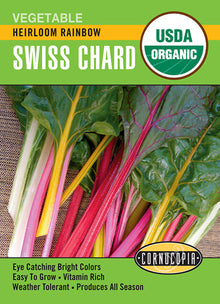 Visuel officiel de Cornucopia associé aux semences de Bette à carde Rainbow, référence CS506. Ce mélange de bettes à carde permet de varier les couleurs au potager. Les feuilles et les cardes se récoltent progressivement, en conservant le centre des plants pour poursuivre la production. Cette image accompagne la fiche de cette sélection et permet de repérer le produit correspondant dans le catalogue de semences.