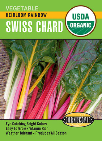 Visuel officiel de Cornucopia associé aux semences de Bette à carde Rainbow, référence CS506. Ce mélange de bettes à carde permet de varier les couleurs au potager. Les feuilles et les cardes se récoltent progressivement, en conservant le centre des plants pour poursuivre la production. Cette image accompagne la fiche de cette sélection et permet de repérer le produit correspondant dans le catalogue de semences.